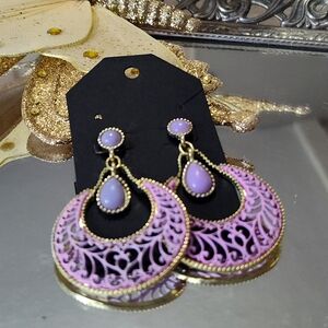 Elegant Gold Purple Filigree Earrings Lavender Dangle Moon Drop Pendant Jewelry